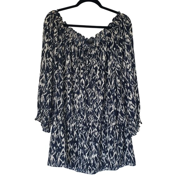 Alfani Woman Blue White Print Tunic Top Blouse 24W Elastic Waist Work Career - Picture 1 of 8